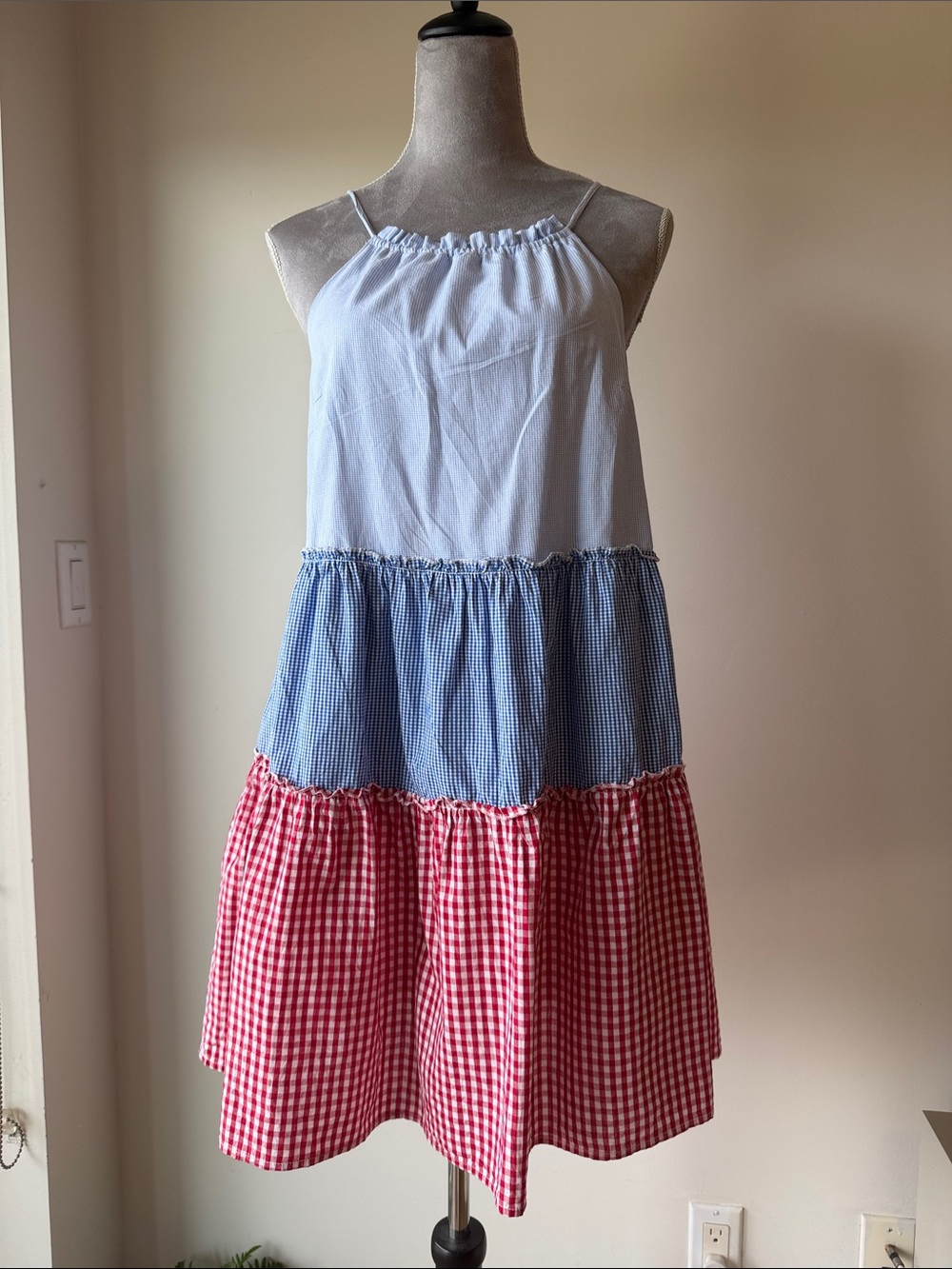 Sugarlips Sleeveless Tiered Midi Dress in White, Blue & Red Gingham